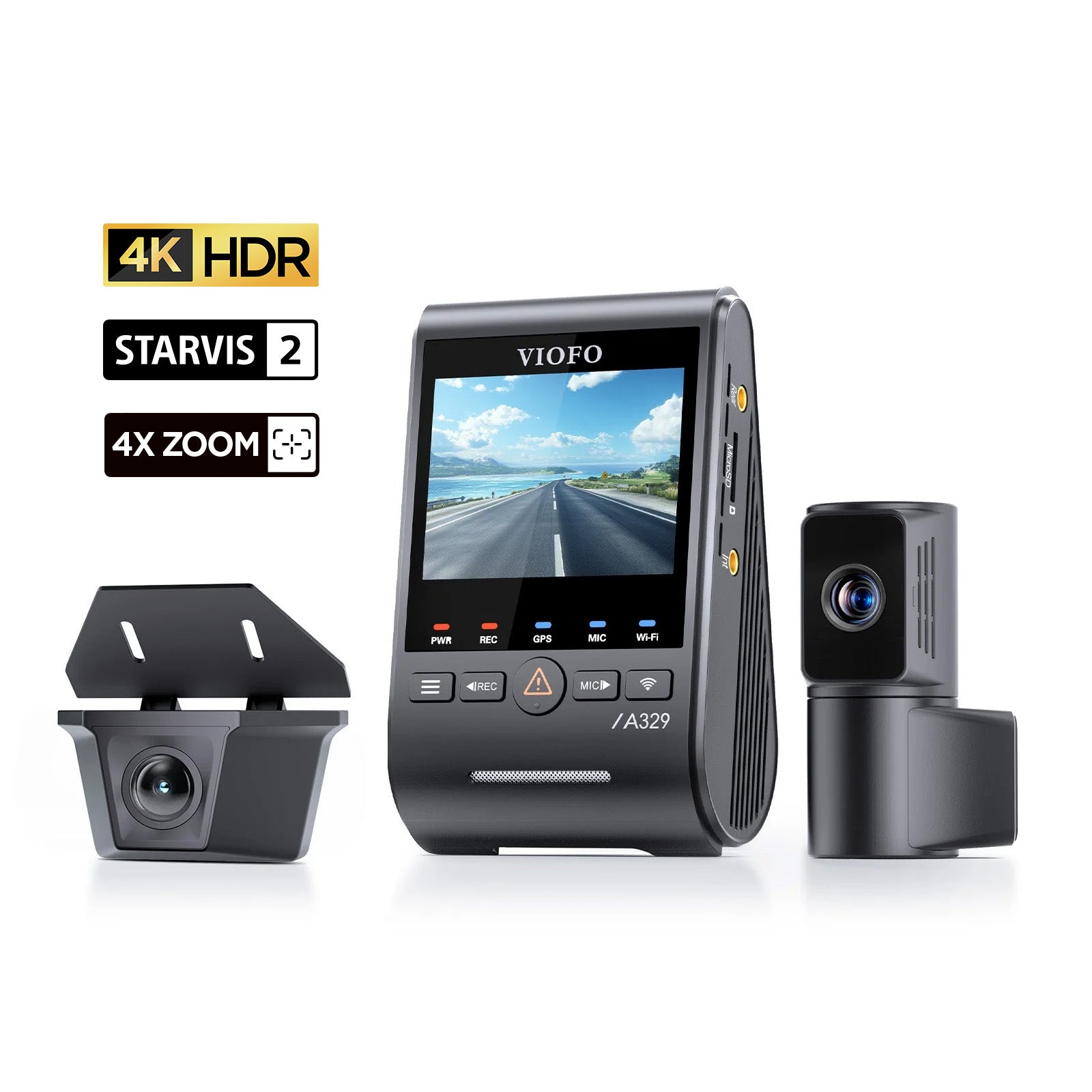 VIOFO A329TW 3CH 4K 30FPS Front+2K Telephoto Camera+2K Waterproof Camera, Sony STARVIS 2 Sensor HDR, Support SSD Storage, Low Power Impact Detection, Hybrid Parking Recording product image