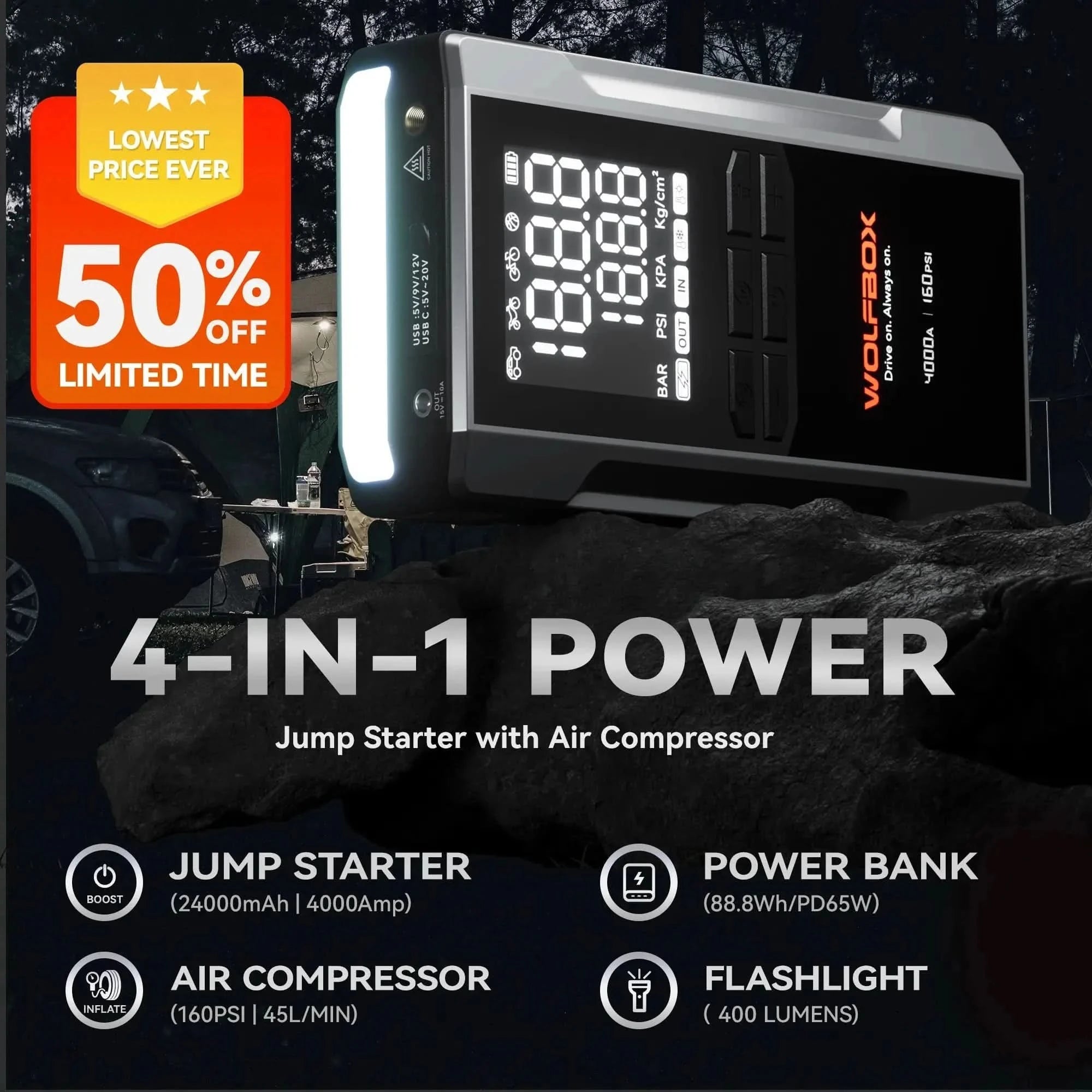4-in-1 Jump Starter with Air Compressor Tire Inflator | Exclusive 42-Month Warranty– Wolfbox MegaVolt 24Air product image