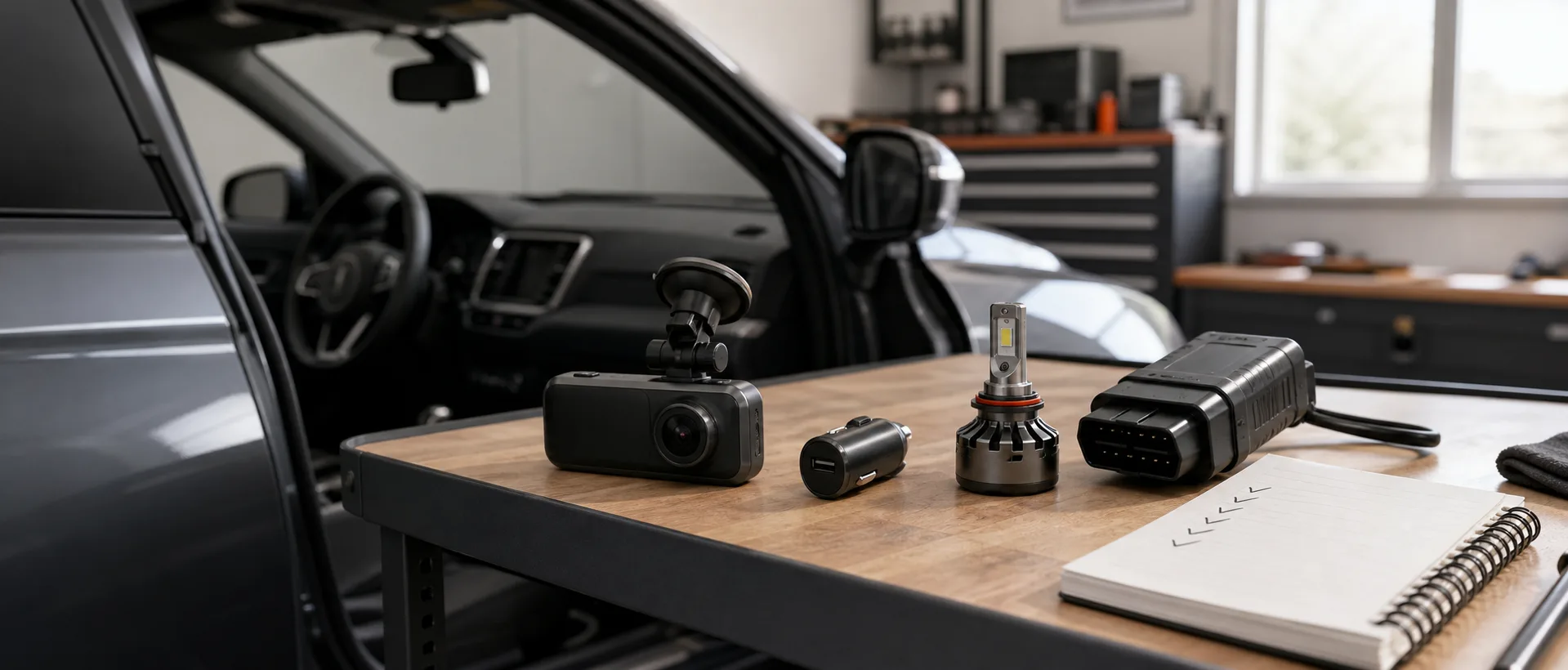 Car accessory products arranged on a garage workbench beside a vehicle.